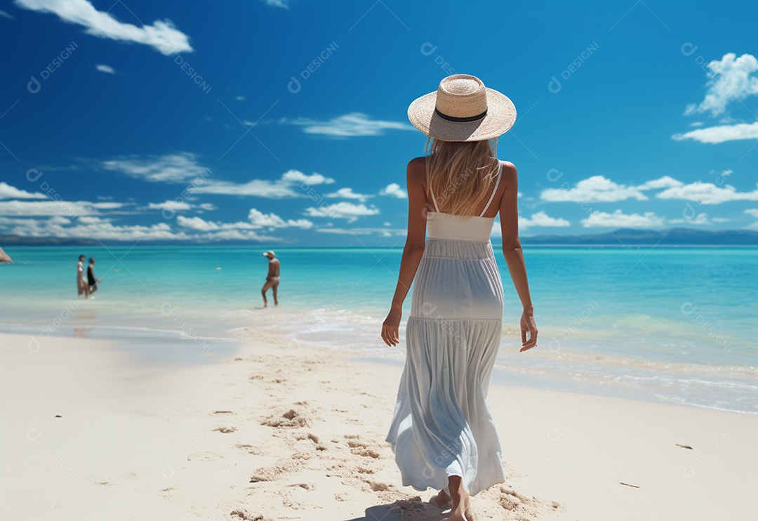 Mulher jovem turista com vestido de verão em pé na bela praia.