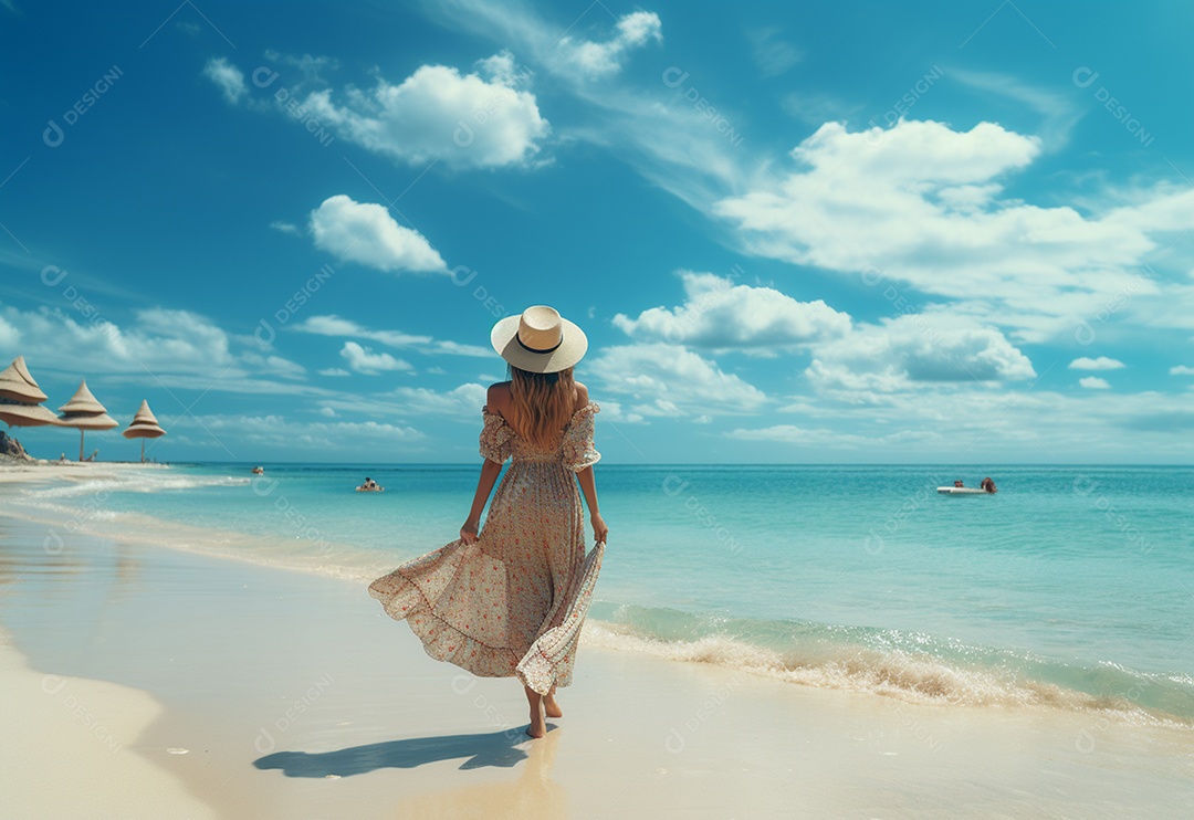 Mulher jovem turista com vestido de verão em pé na bela praia.