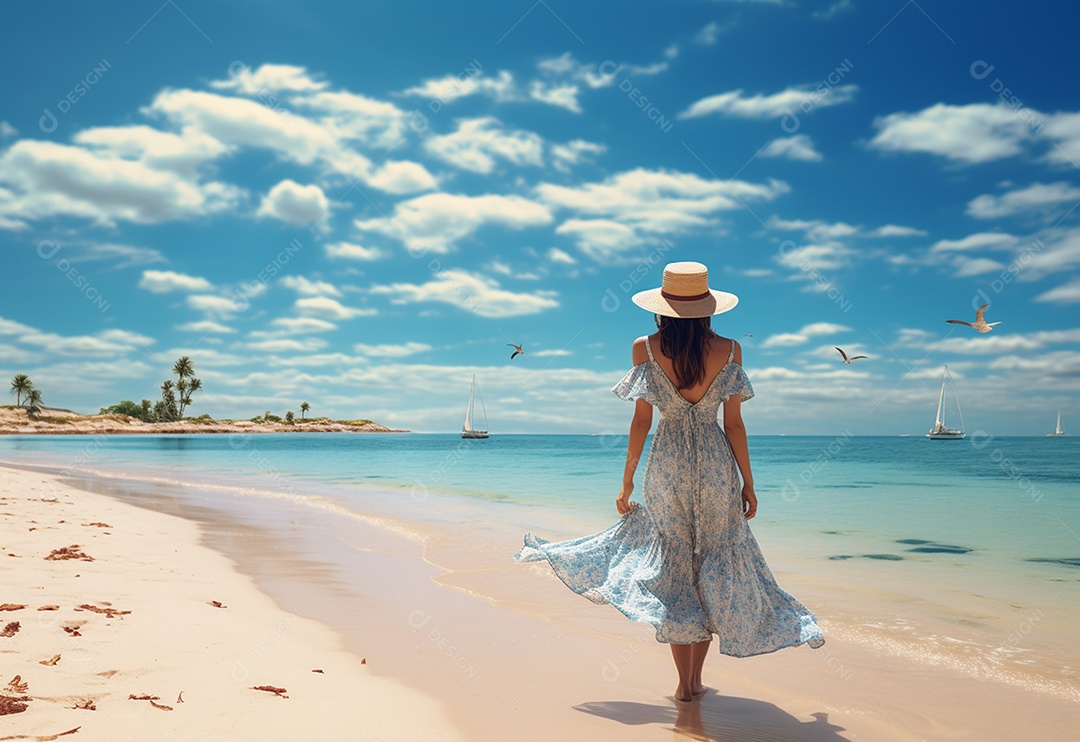 Mulher jovem turista com vestido de verão em pé na bela praia.