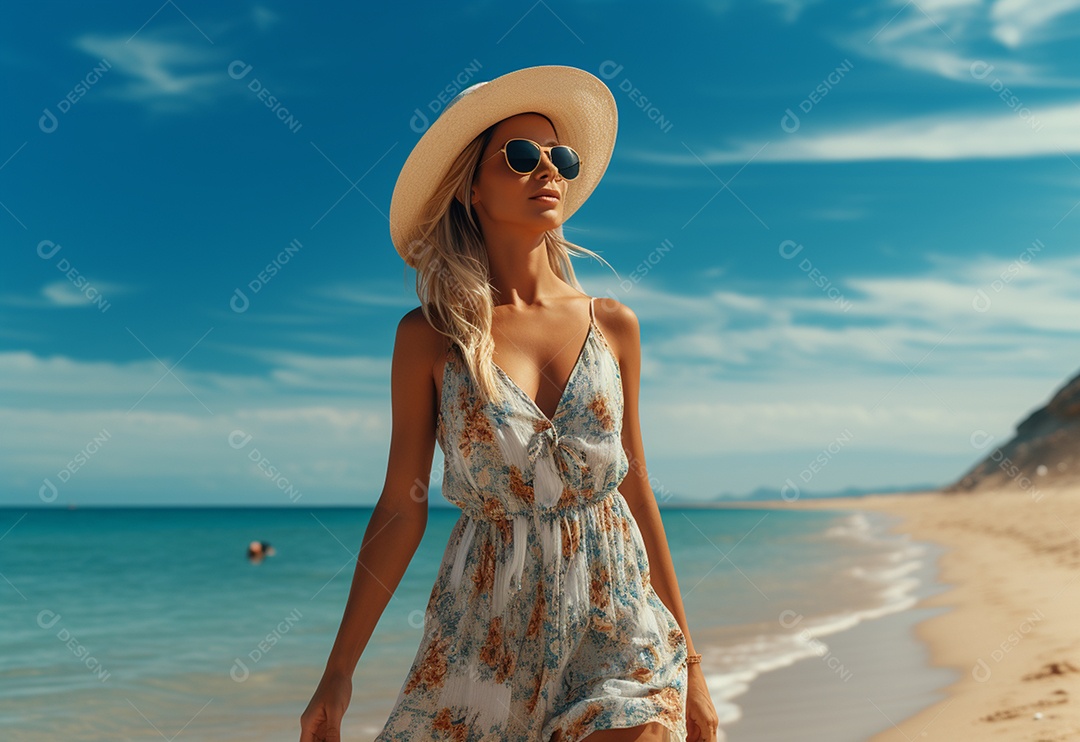 Mulher jovem turista com vestido de verão em pé na bela praia.