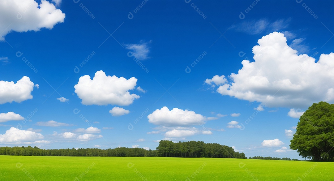 Linda grama verde com árvores e céu distante e nuvens