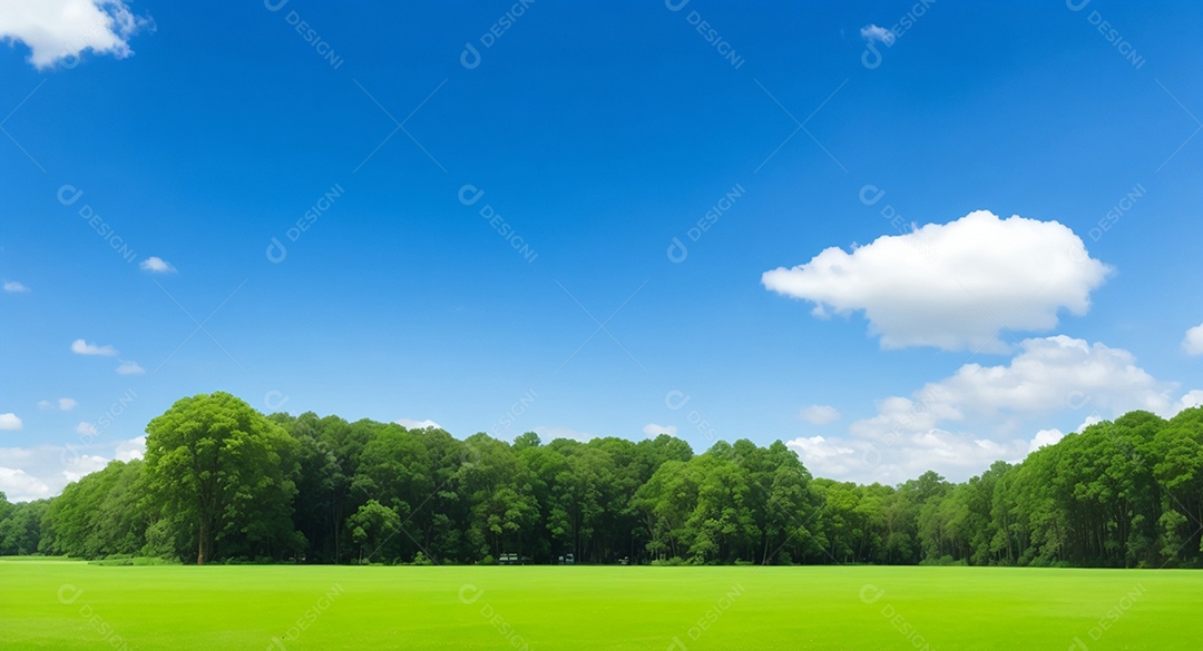 Linda grama verde com árvores e céu distante e nuvens