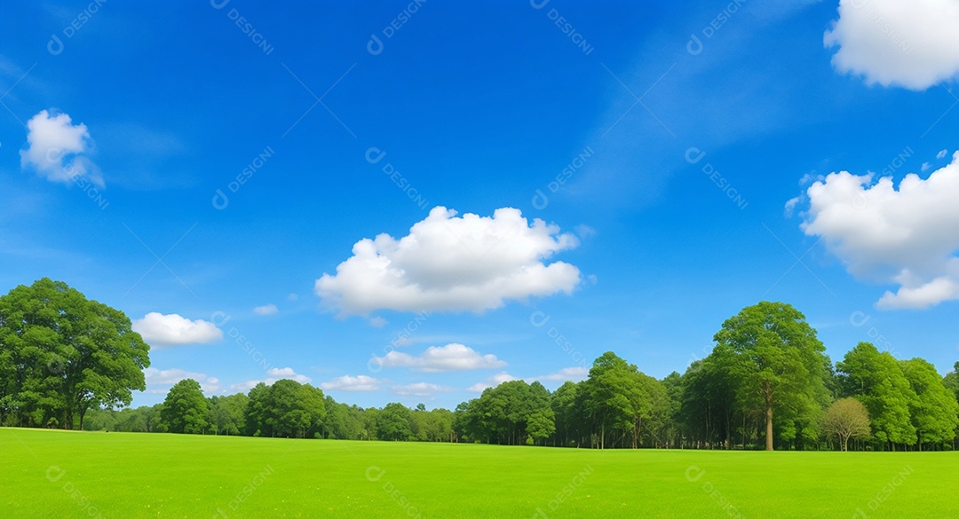 Linda grama verde com árvores e céu distante e nuvens