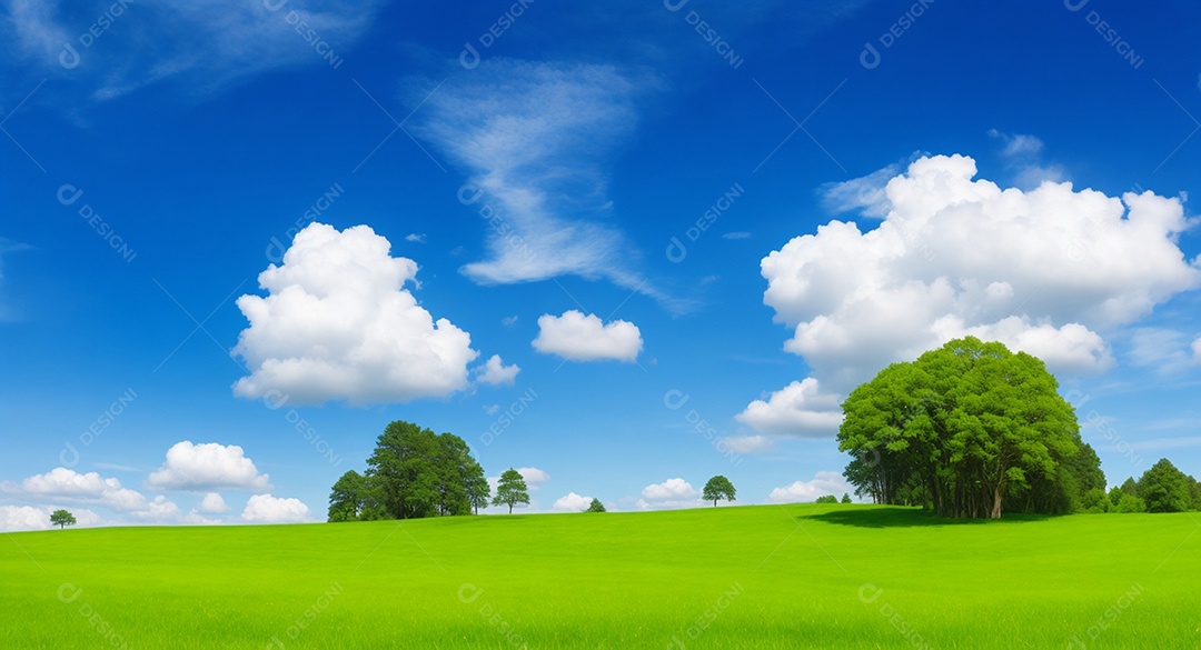 Linda grama verde com árvores e céu distante e nuvens