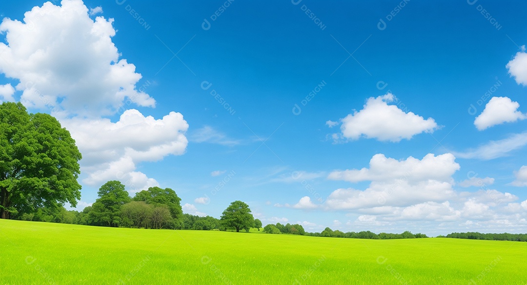 Linda grama verde com árvores e céu distante e nuvens