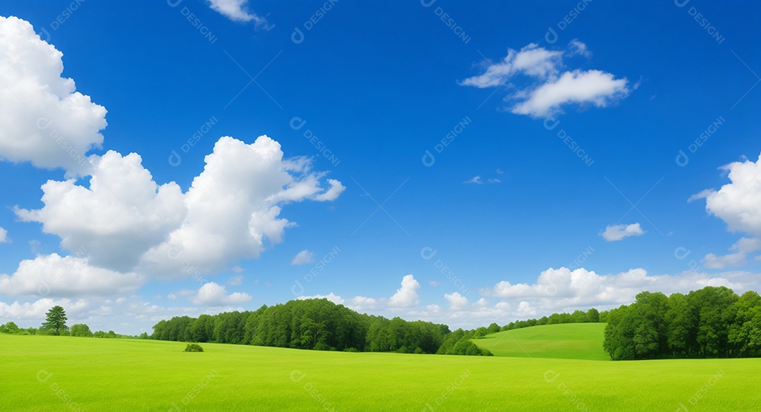 Linda grama verde com árvores e céu distante e nuvens