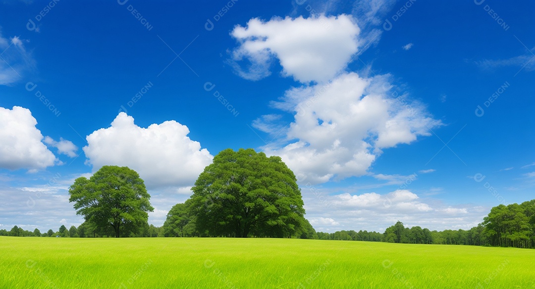 Linda grama verde com árvores e céu distante e nuvens