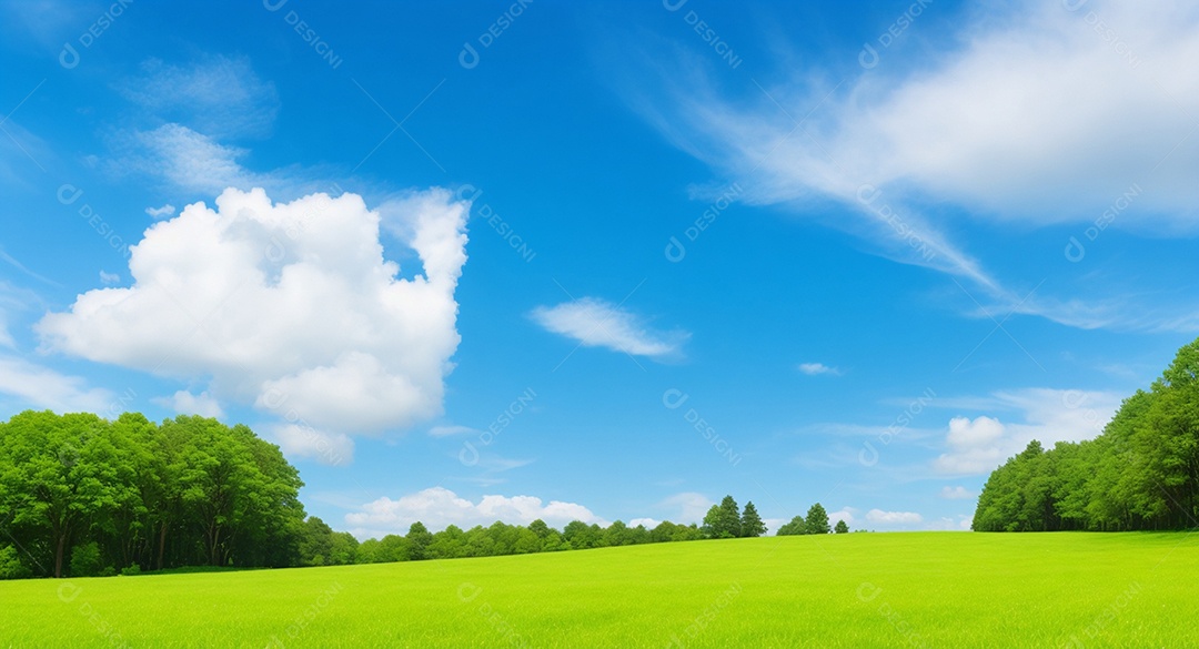 Linda grama verde com árvores e céu distante e nuvens