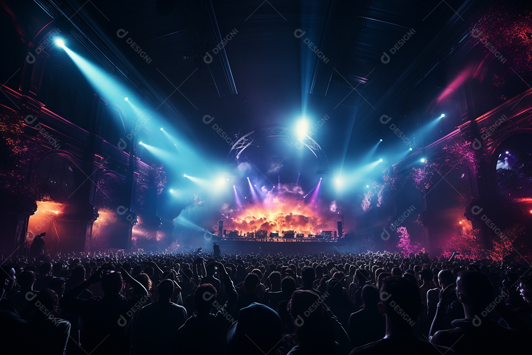 Cenário lotado de palco de concertos com holofotes