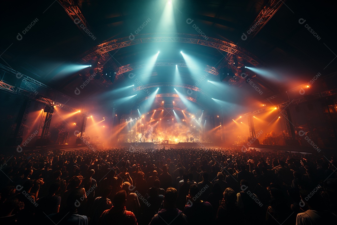 Cenário lotado de palco de concertos com holofotes