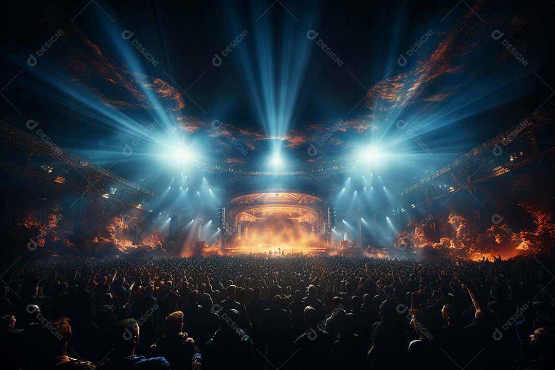 Cenário lotado de palco de concertos com holofotes