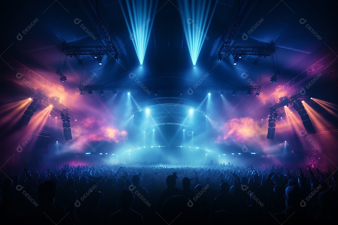 Cenário lotado de palco de concertos com holofotes