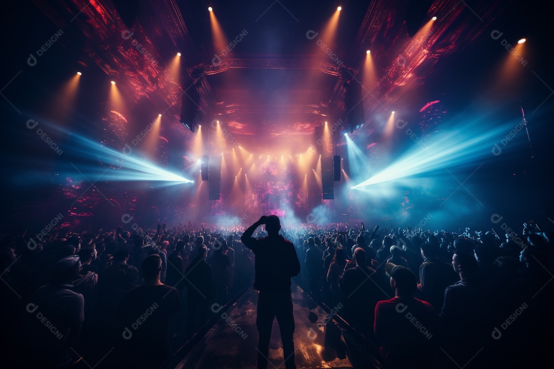Cenário lotado de palco de concertos com holofotes