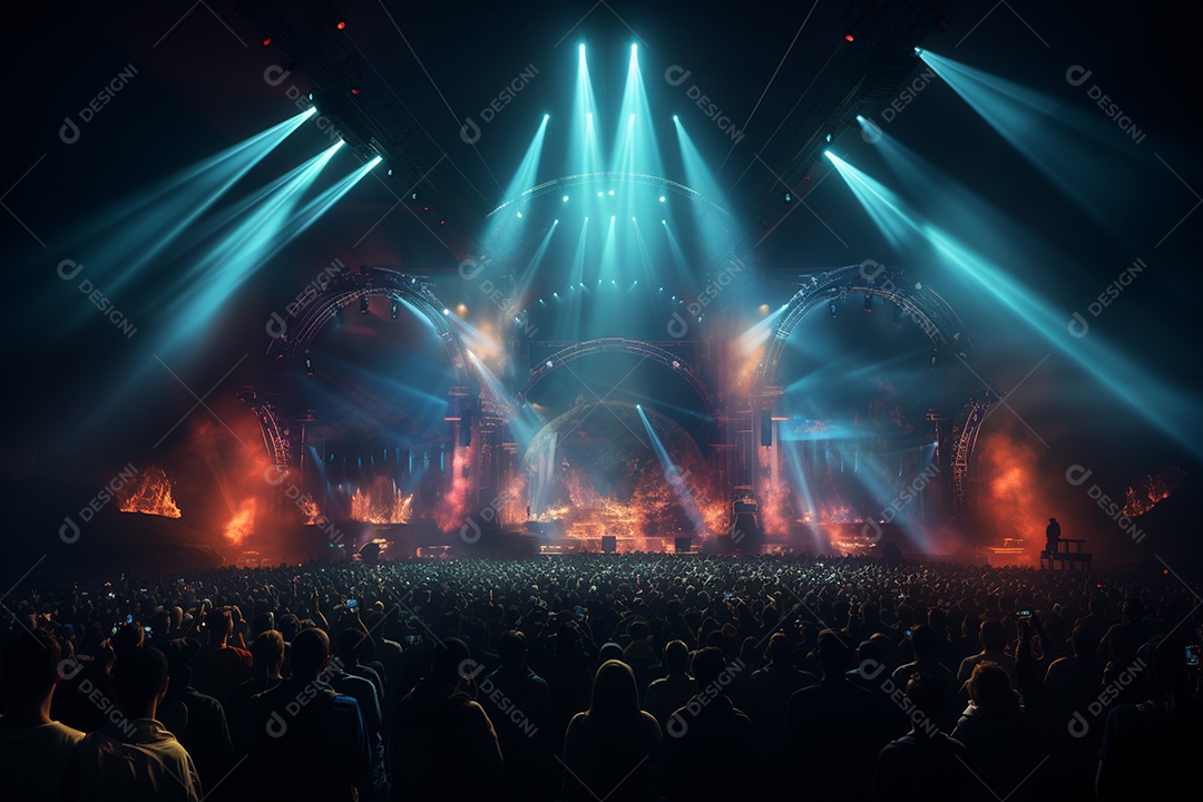 Cenário lotado de palco de concertos com holofotes