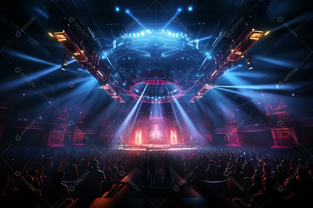 Cenário lotado de palco de concertos com holofotes