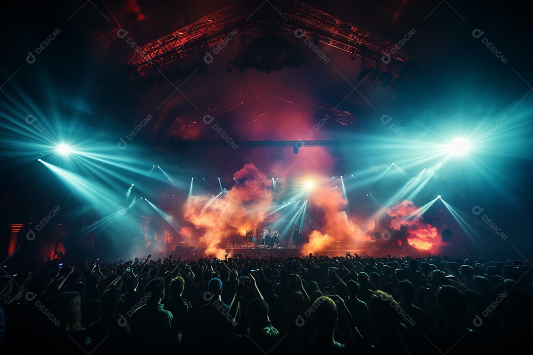 Cenário lotado de palco de concertos com holofotes