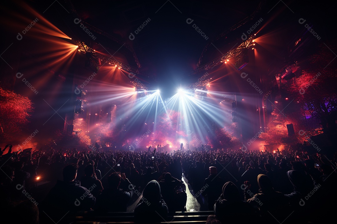 Cenário lotado de palco de concertos com holofotes