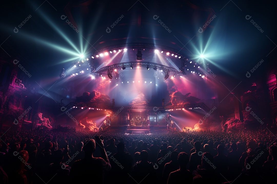 Cenário lotado de palco de concertos com holofotes