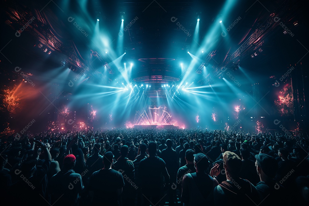Cenário lotado de palco de concertos com holofotes