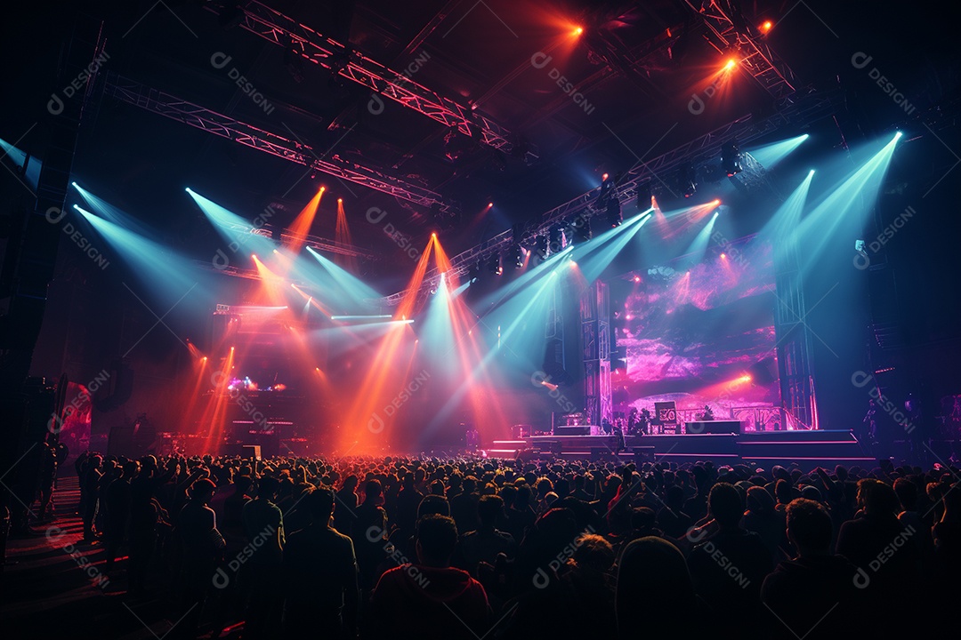 Cenário lotado de palco de concertos com holofotes