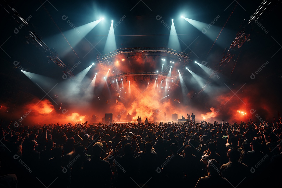 Cenário lotado de palco de concertos com holofotes