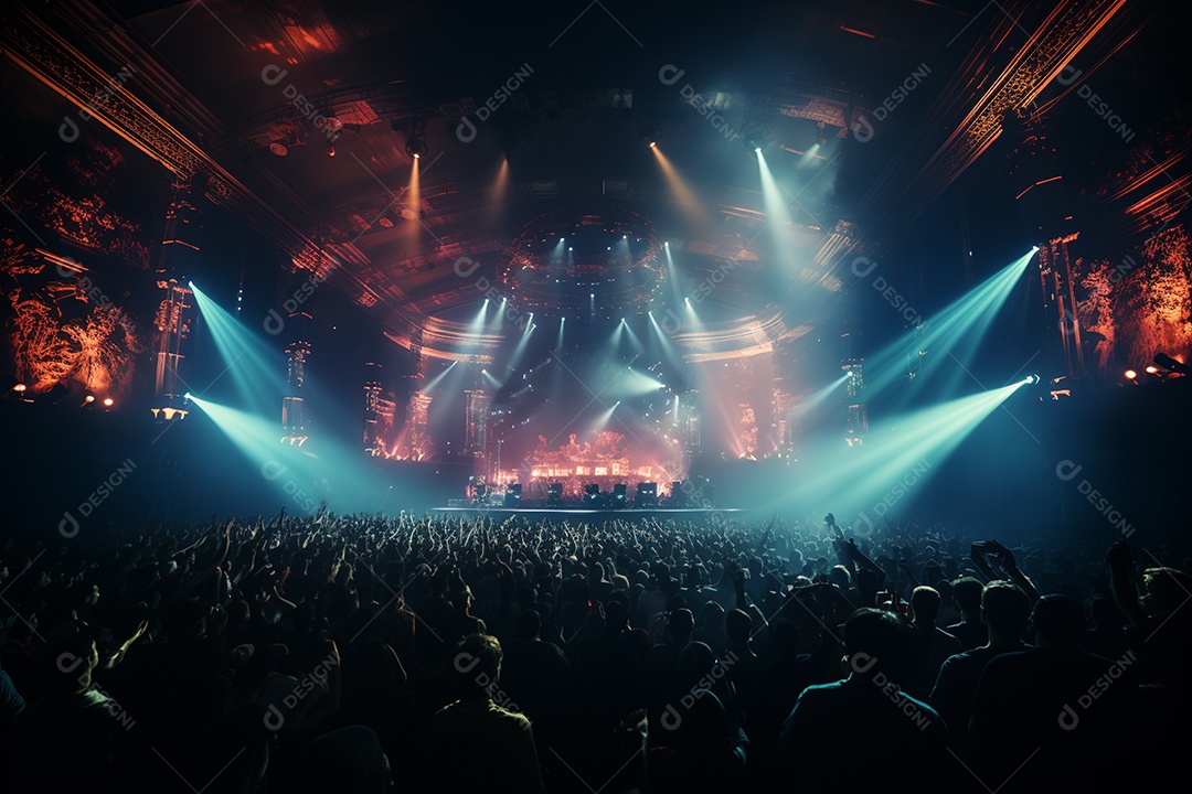 Cenário lotado de palco de concertos com holofotes