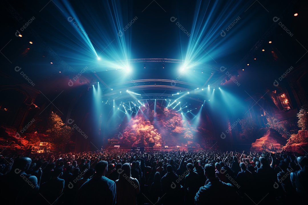 Cenário lotado de palco de concertos com holofotes