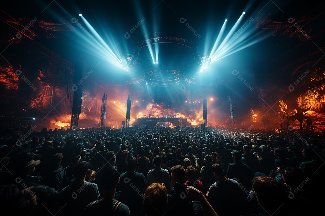 Cenário lotado de palco de concertos com holofotes