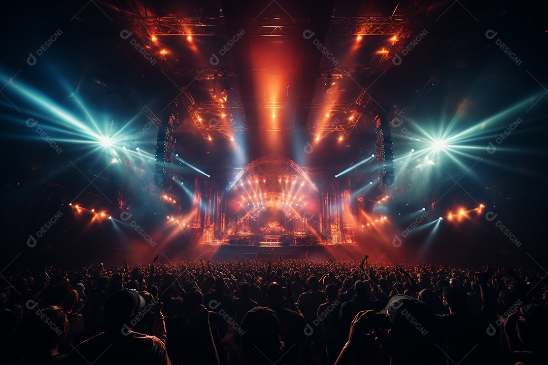 Cenário lotado de palco de concertos com holofotes
