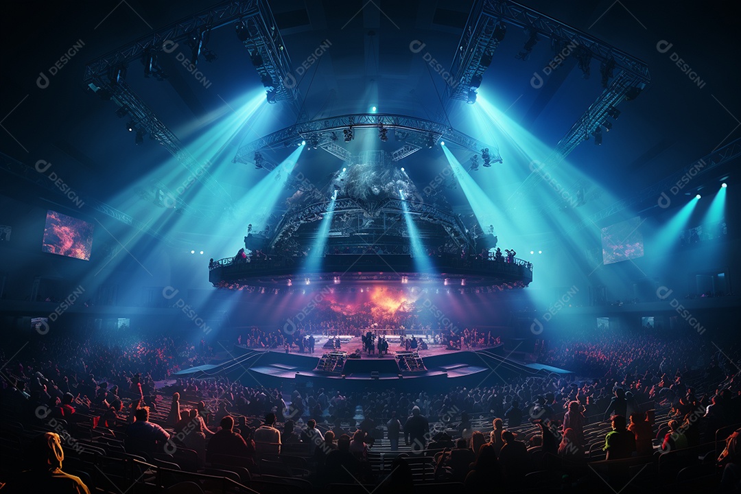 Cenário lotado de palco de concertos com holofotes