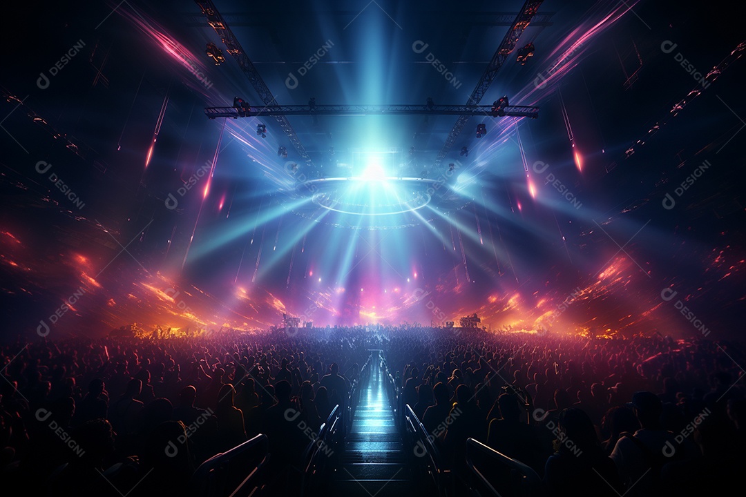 Cenário lotado de palco de concertos com holofotes