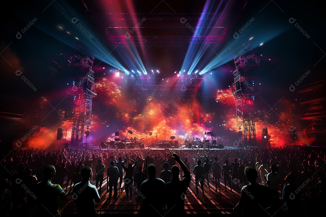 Cenário lotado de palco de concertos com holofotes