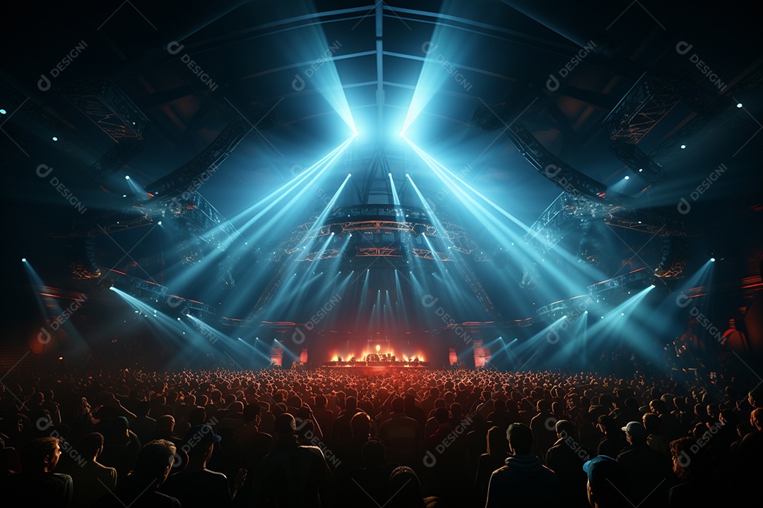 Cenário lotado de palco de concertos com holofotes