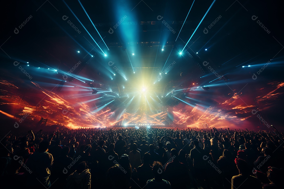 Cenário lotado de palco de concertos com holofotes