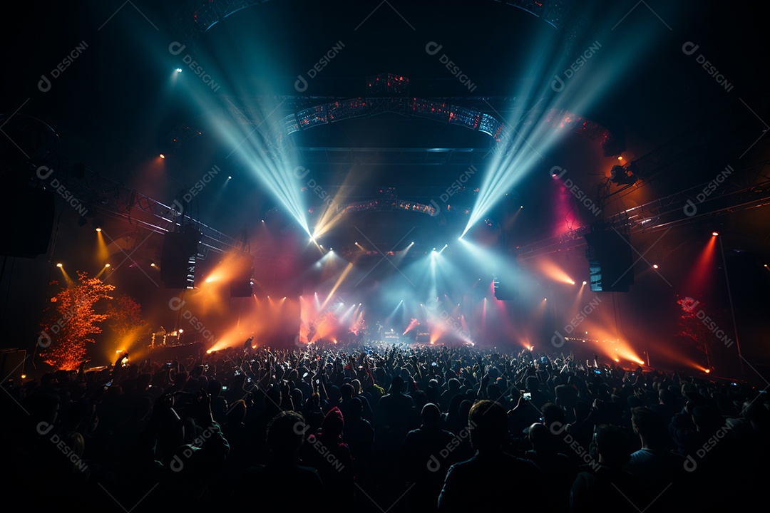 Cenário lotado de palco de concertos com holofotes