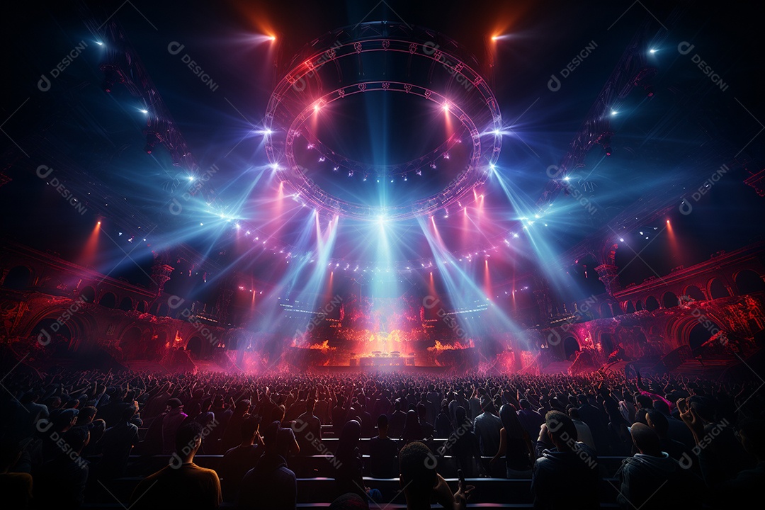 Cenário lotado de palco de concertos com holofotes