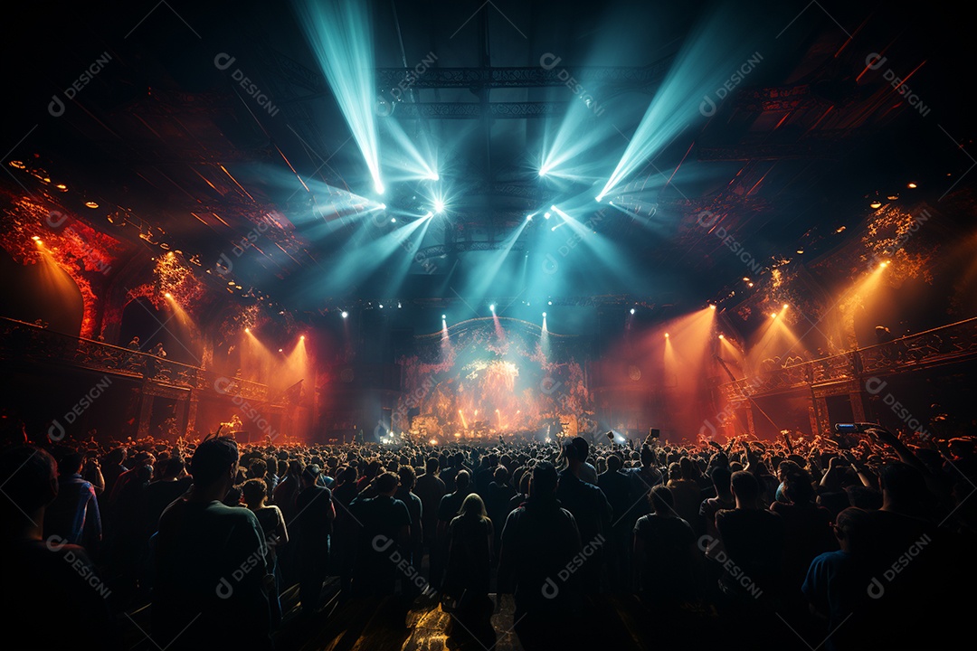Cenário lotado de palco de concertos com holofotes