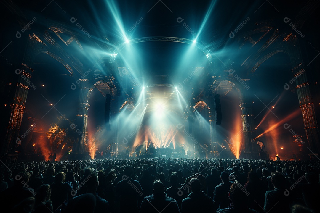 Cenário lotado de palco de concertos com holofotes