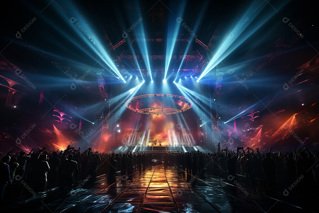 Cenário lotado de palco de concertos com holofotes