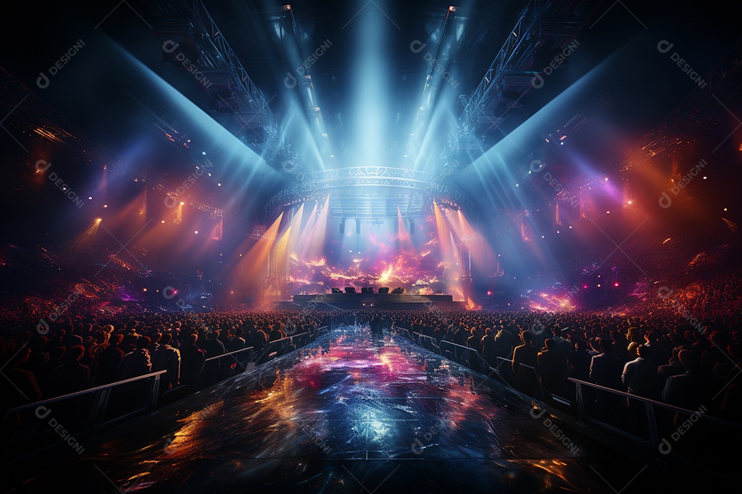 Cenário lotado de palco de concertos com holofotes