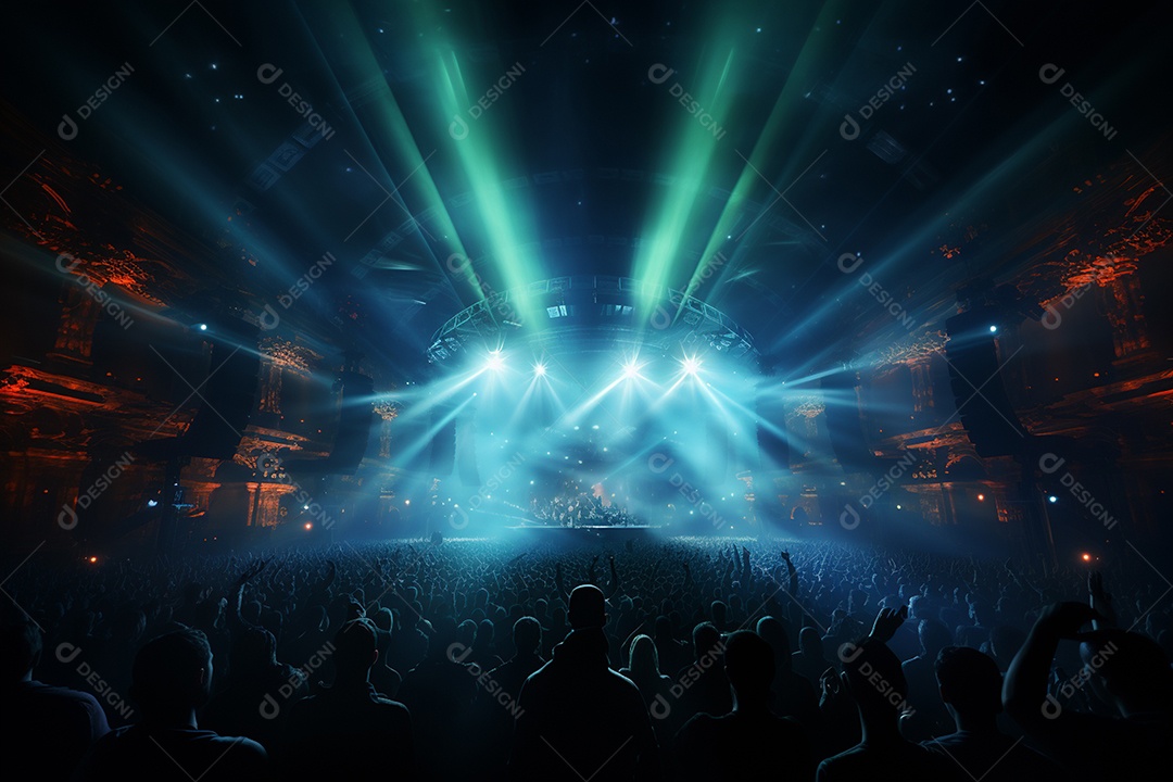 Cenário lotado de palco de concertos com holofotes
