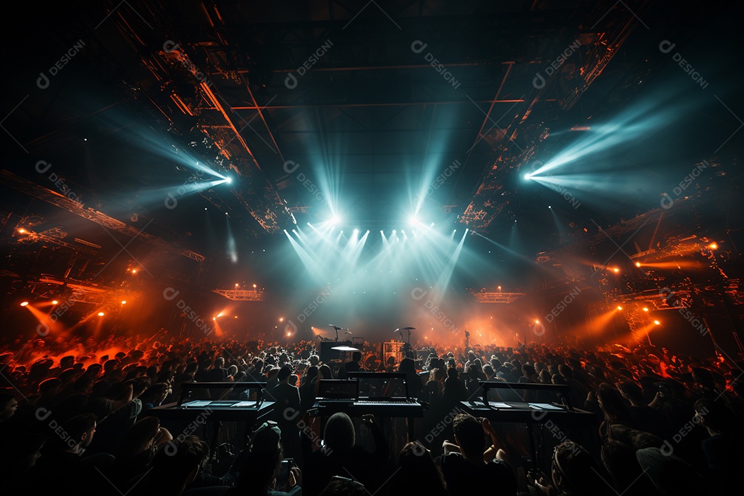 Cenário lotado de palco de concertos com holofotes