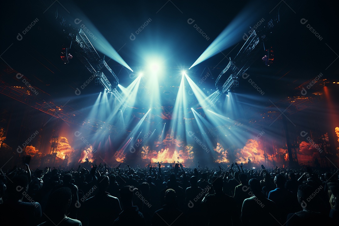 Cenário lotado de palco de concertos com holofotes