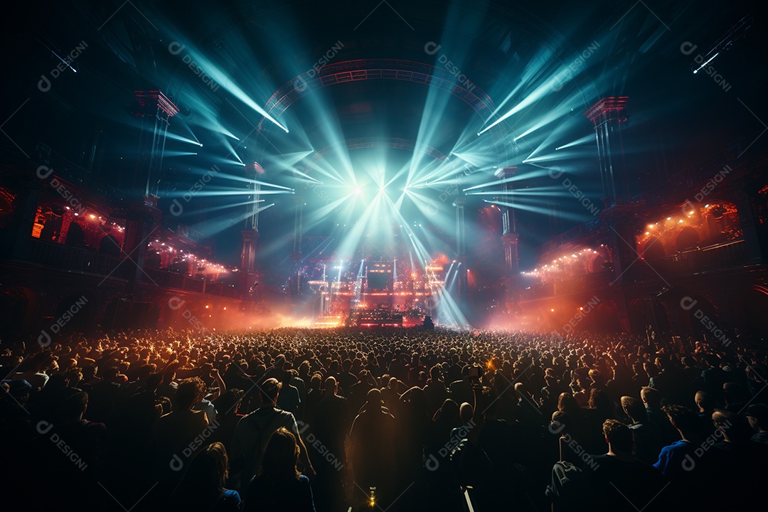Cenário lotado de palco de concertos com holofotes