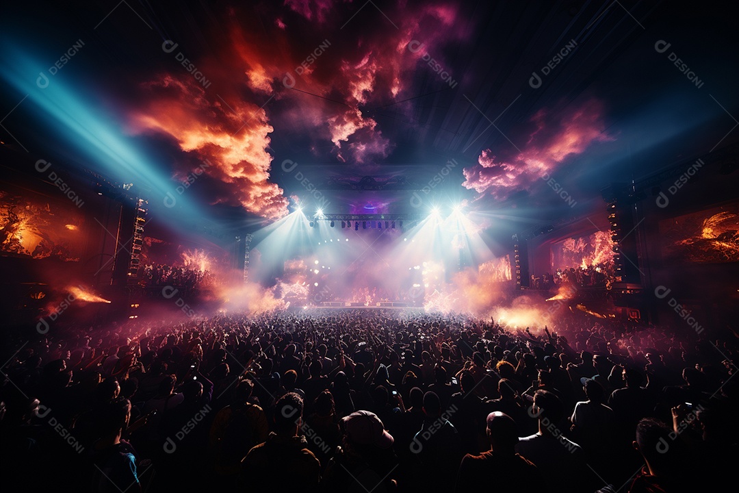 Cenário lotado de palco de concertos com holofotes