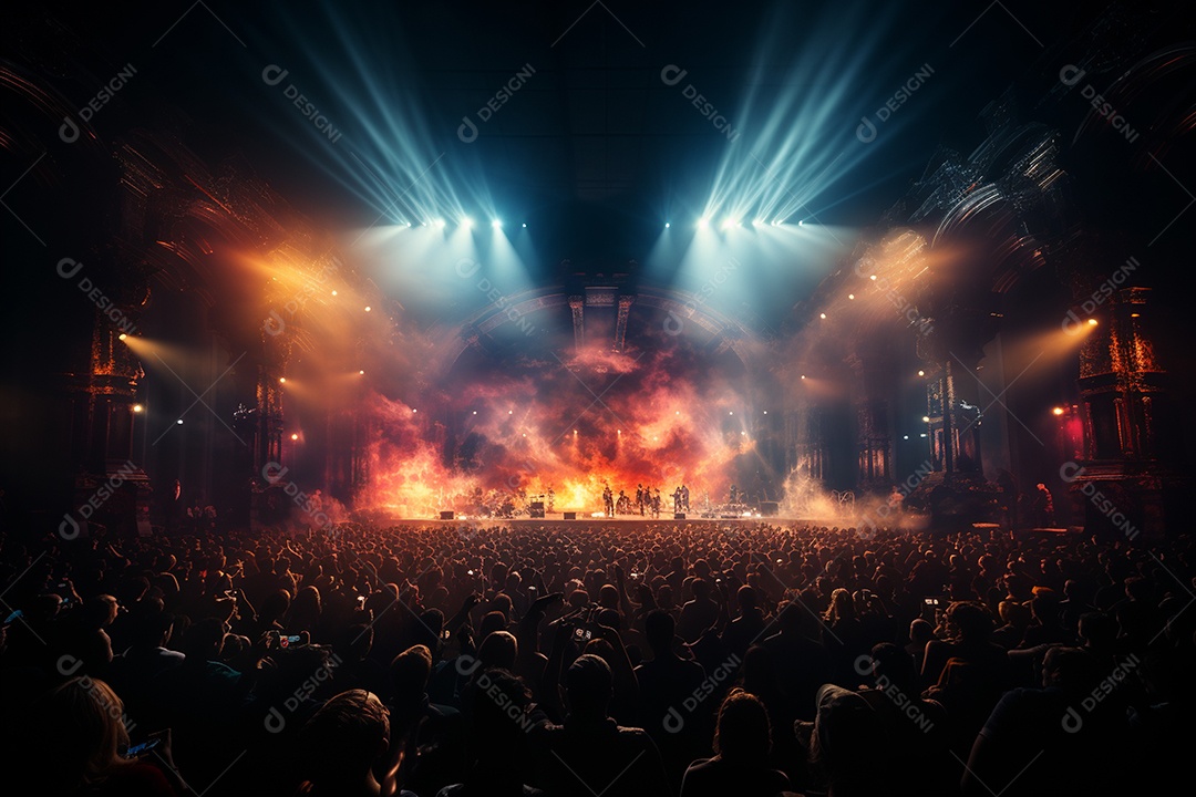 Cenário lotado de palco de concertos com holofotes