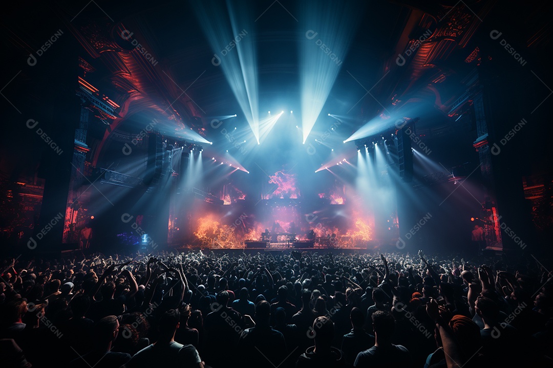 Cenário lotado de palco de concertos com holofotes