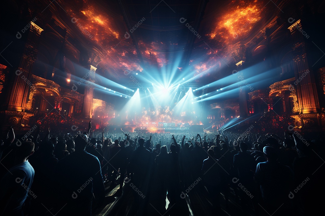 Cenário lotado de palco de concertos com holofotes