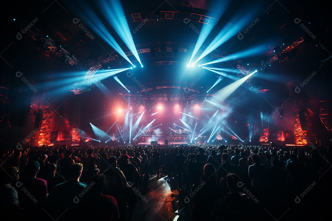 Cenário lotado de palco de concertos com holofotes
