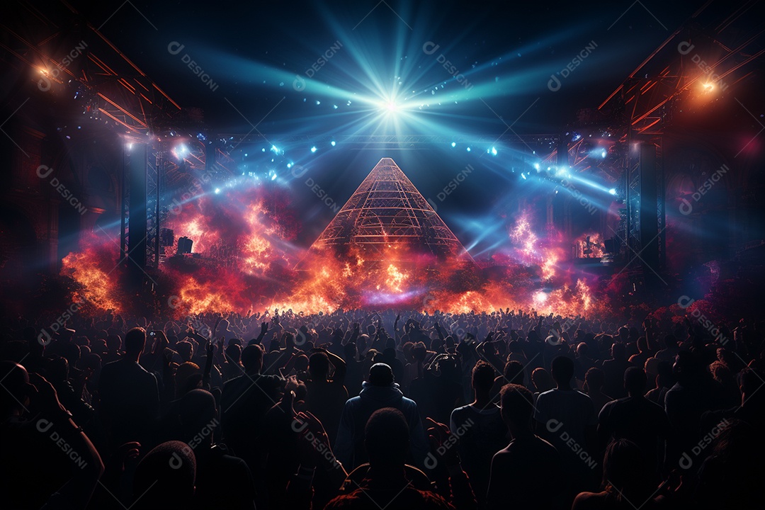 Cenário lotado de palco de concertos com holofotes